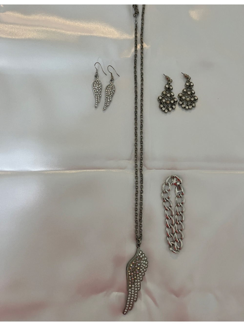 Silver Wing Pendant Necklace & Earrings with Crystal Accents - Women Jewelry